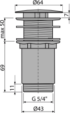 ALCA Výpust umyvadlová 5/4" celokovová, velká neuzavíratelná zátka, pro umyvadla bez přepadu A396