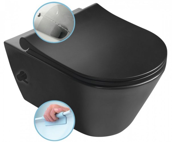 Sapho AVVA CLEANWASH závěsná WC mísa, Rimless, integrovaná baterie a bidet. sprška, 35,5x53cm, černá mat 100315-110