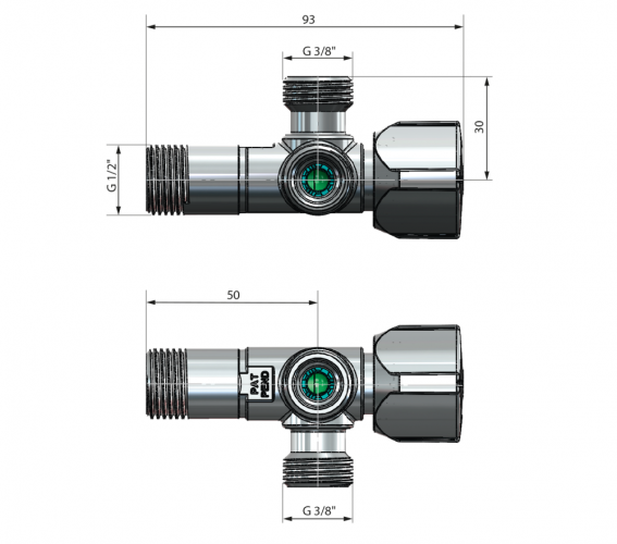 ARCO kombinovaný rohový ventil A-80 se dvěma vývody 1/2"x3/8"x3/8", anticalc CQ4102