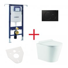 WC set OVALE BASSO RIMLESS: závěsné WC se sedátkem, duofix special, podložka, tlačítko černé, OLKLT053ER010