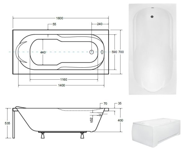 BESCO Obdélníková vana VINDOBONA Nožičky k vaně - Bez nožiček, Rozměr vany - 160 × 70 cm OLVVIN16