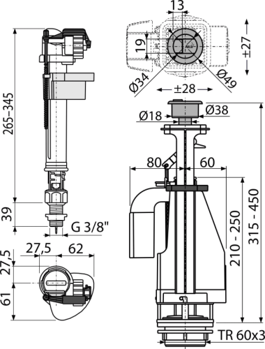 ALCA Splachovací souprava s dvoutlačítkem SA08ASK 3/8" CHROM