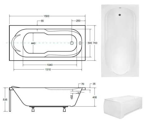 BESCO Obdélníková vana VINDOBONA Nožičky k vaně - S nožičkami, Rozměr vany - 150 × 70 cm OLVVIN15+OLVPINOZ