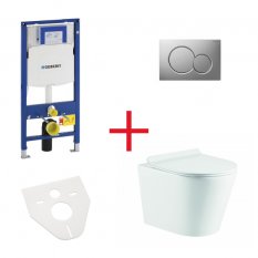 WC set OVALE BASSO RIMLESS: závěsné WC se sedátkem, duofix, podložka, tlačítko chrom mat, OLKLT053ER008