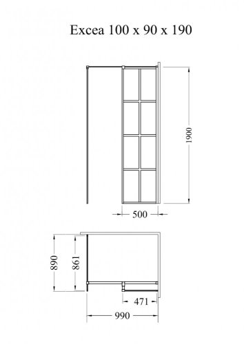 BESCO Walk-in sprchová zástěna EXCEA Barva rámu - Černá, Rozměr A - 100 cm, Rozměr B - 90 cm, Rozměr C - 190 cm, Směr zavírání - Univerzální Levé / Pravé, Výplň - Čiré bezpečnostní sklo - 8 mm BCEXCEA9010