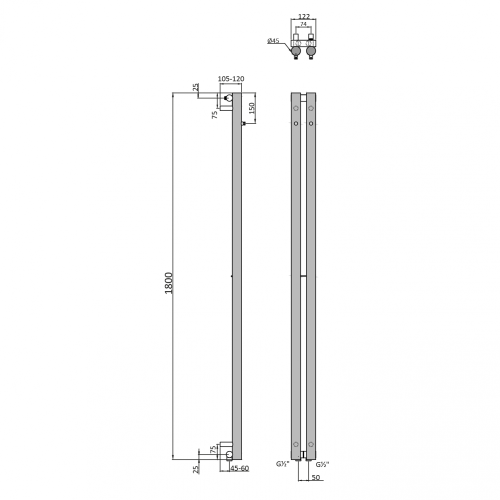 Sapho PILON otopné těleso 122x1800 mm, se dvěma háčky pro ručník, černá mat IZ124