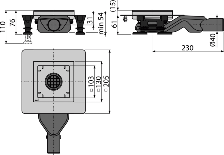 ALCA Podlahová vpust nerezová extra-nízká 130×130 mm boční, bez mřížky, Kombinovaná zápachová uzávěra SMART APV110