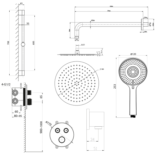 Sapho SMART SELECT podomítkový sprchový set s termostatickou baterií, 2 výstupy, posuvný držák sprchy, chrom RP032-02