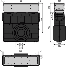 ALCA Venkovní žlabová vpust štěrbinová s asymetrickým revizním nástavcem 100 mm, pozinkovaná ocel AVZ101R-R121R
