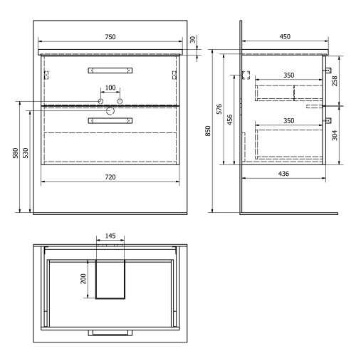 Aqualine VEGA umyvadlová skříňka 72x57,6x43,8cm, 2x zásuvka, dub platin VG873