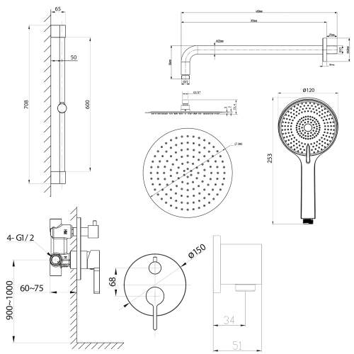 Sapho ICONIC podomítkový sprchový set s pákovou baterií, 2 výstupy, posuvný držák sprchy, černá mat AF042B-02