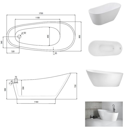 BESCO Volně stojící vana MELODY bílá Barva - Bílá, Barva sifonu - Zlatá, Rozměr vany - 170 × 80 cm VANMELODY170Z