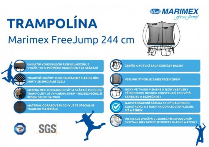 Trampolína Marimex FreeJump 244 cm + ochranná síť + schůdky + kotvící sada ZDARM 19000107