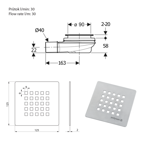 Polysan TRENECA vaničkový sifon, průměr 90mm, DN40, krytka nerez 84999